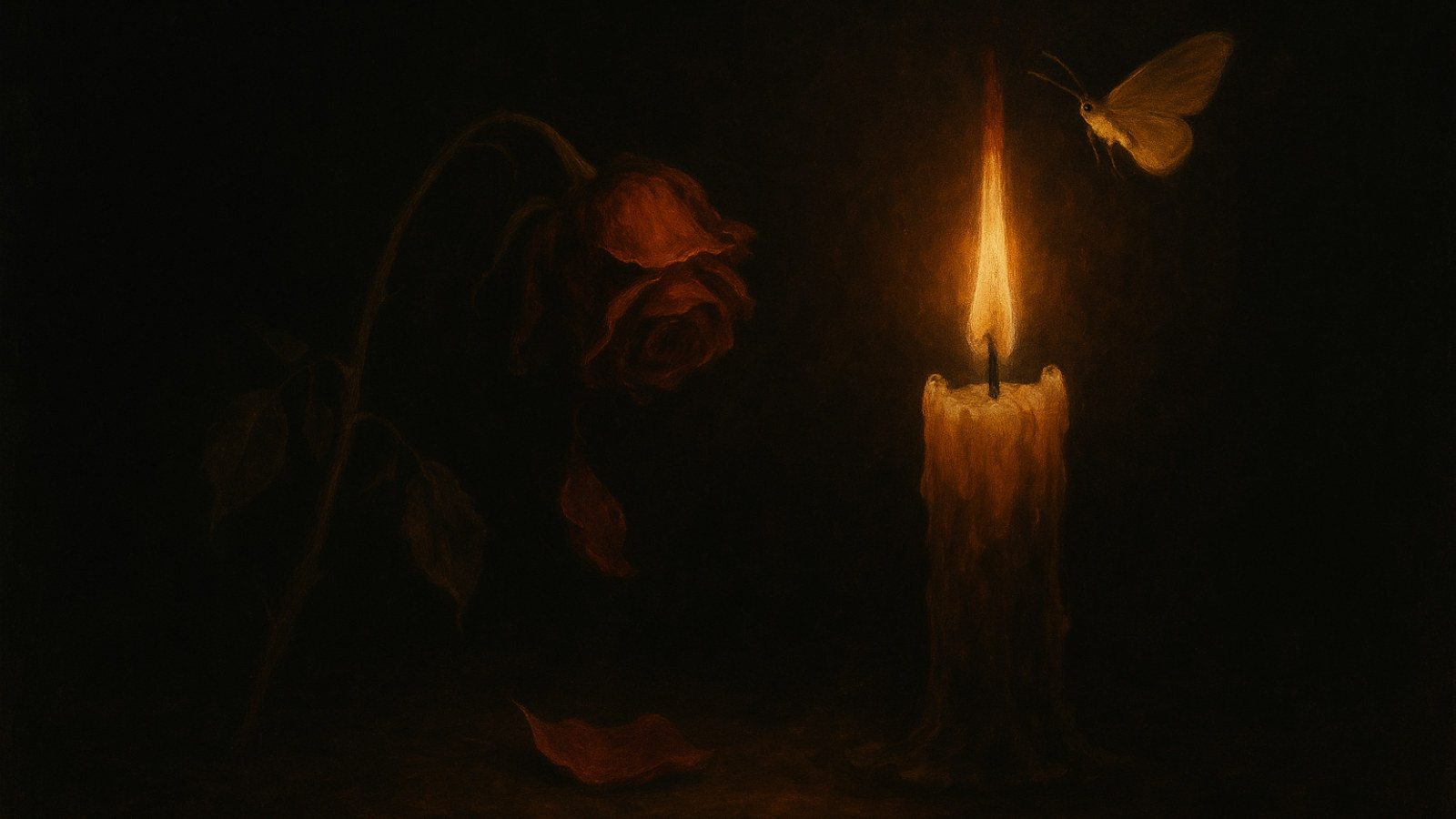 A moth circling a single guttering candle flame
