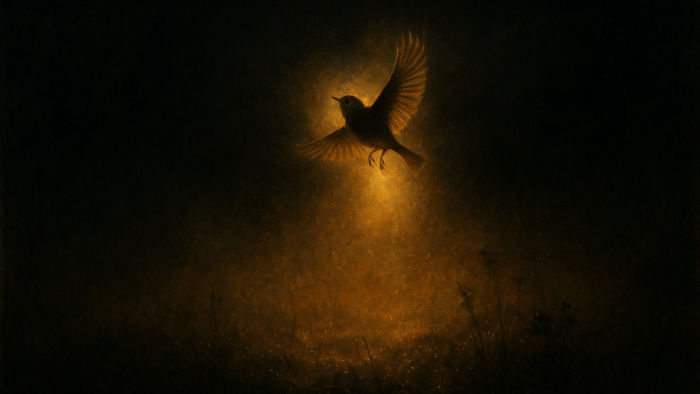 A small bird taking flight into a burst of light