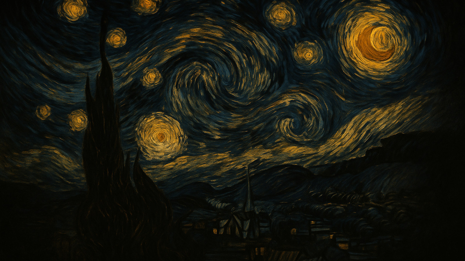 A swirling starry night sky over a quiet town